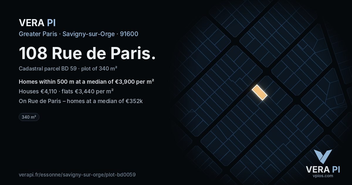 108 Rue de Paris, Savigny-sur-Orge at night – the plot lit, the parcels around coloured by the prices near them