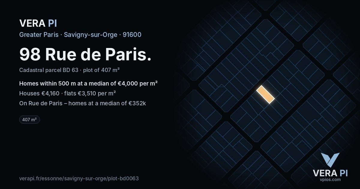 98 Rue de Paris, Savigny-sur-Orge at night – the plot lit, the parcels around coloured by the prices near them