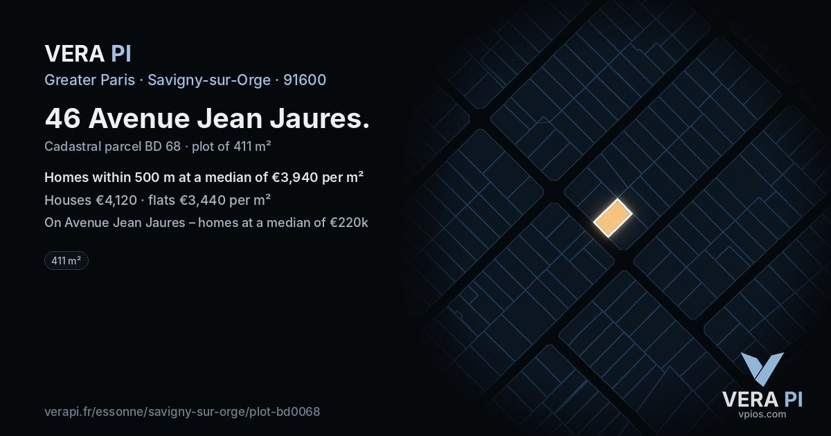 46 Avenue Jean Jaures, Savigny-sur-Orge at night – the plot lit, the parcels around coloured by the prices near them