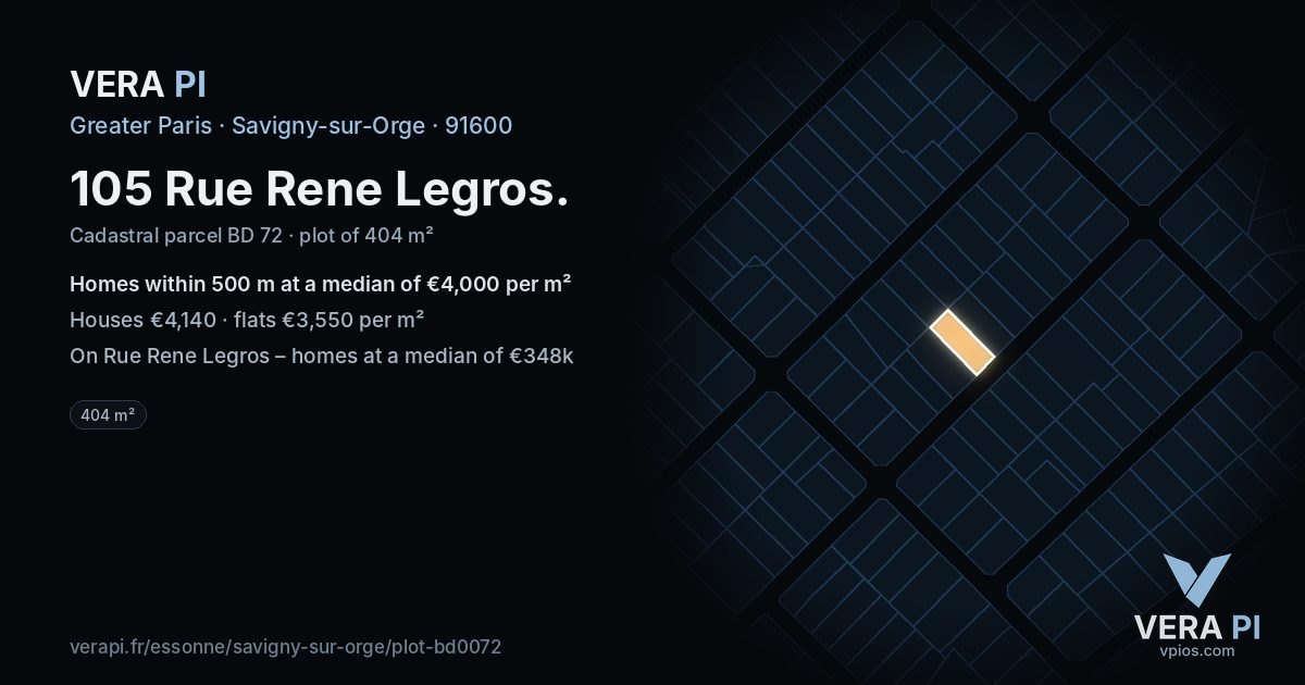 105 Rue Rene Legros, Savigny-sur-Orge at night – the plot lit, the parcels around coloured by the prices near them