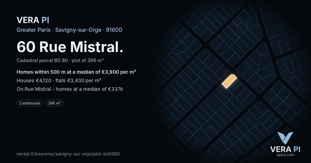 60 Rue Mistral, Savigny-sur-Orge at night – the plot lit, the parcels around coloured by the prices near them