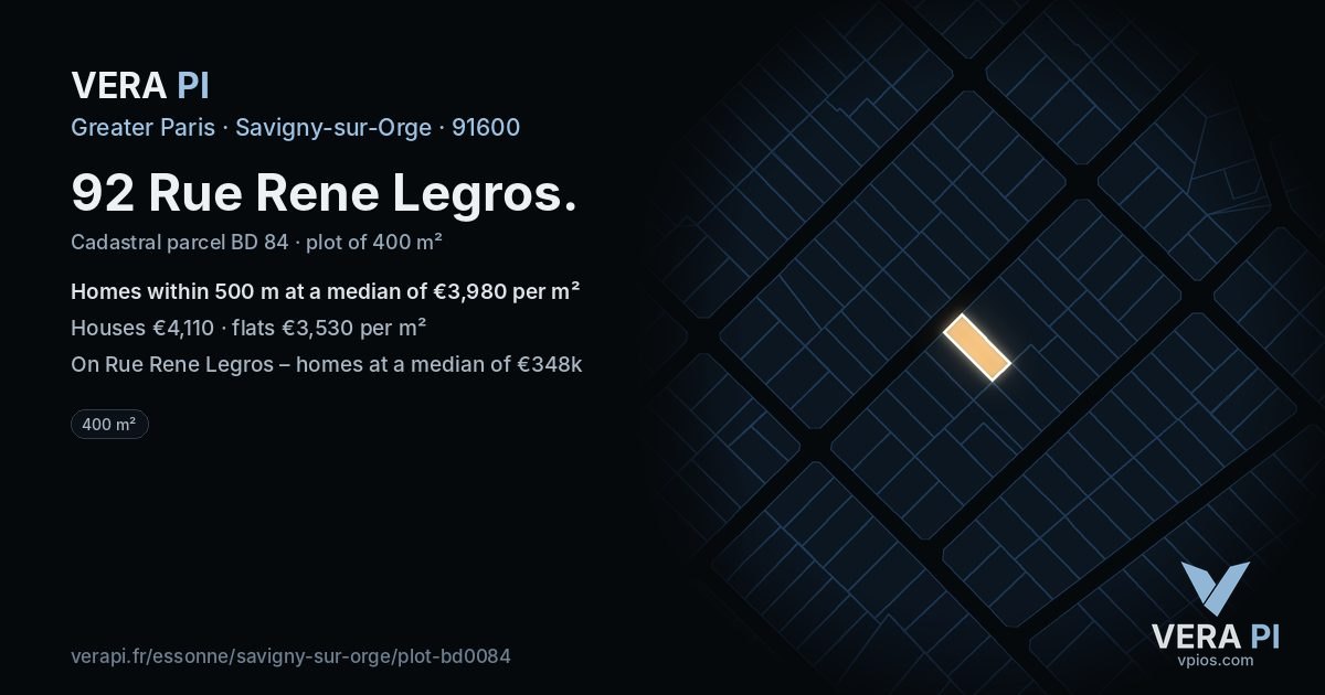 92 Rue Rene Legros, Savigny-sur-Orge at night – the plot lit, the parcels around coloured by the prices near them