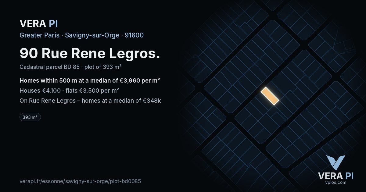 90 Rue Rene Legros, Savigny-sur-Orge at night – the plot lit, the parcels around coloured by the prices near them