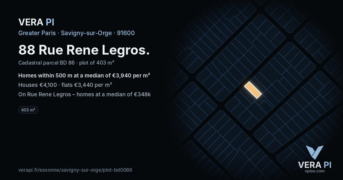 88 Rue Rene Legros, Savigny-sur-Orge at night – the plot lit, the parcels around coloured by the prices near them