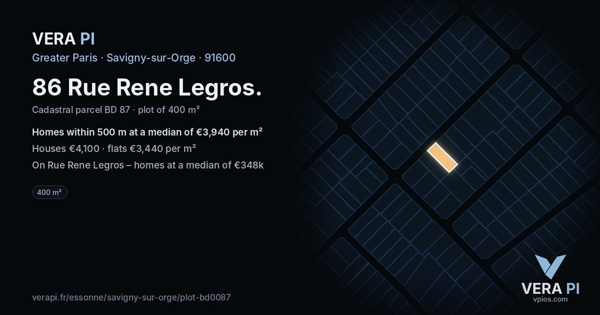 86 Rue Rene Legros, Savigny-sur-Orge at night – the plot lit, the parcels around coloured by the prices near them