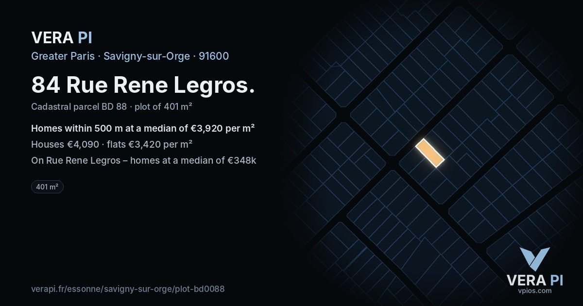 84 Rue Rene Legros, Savigny-sur-Orge at night – the plot lit, the parcels around coloured by the prices near them