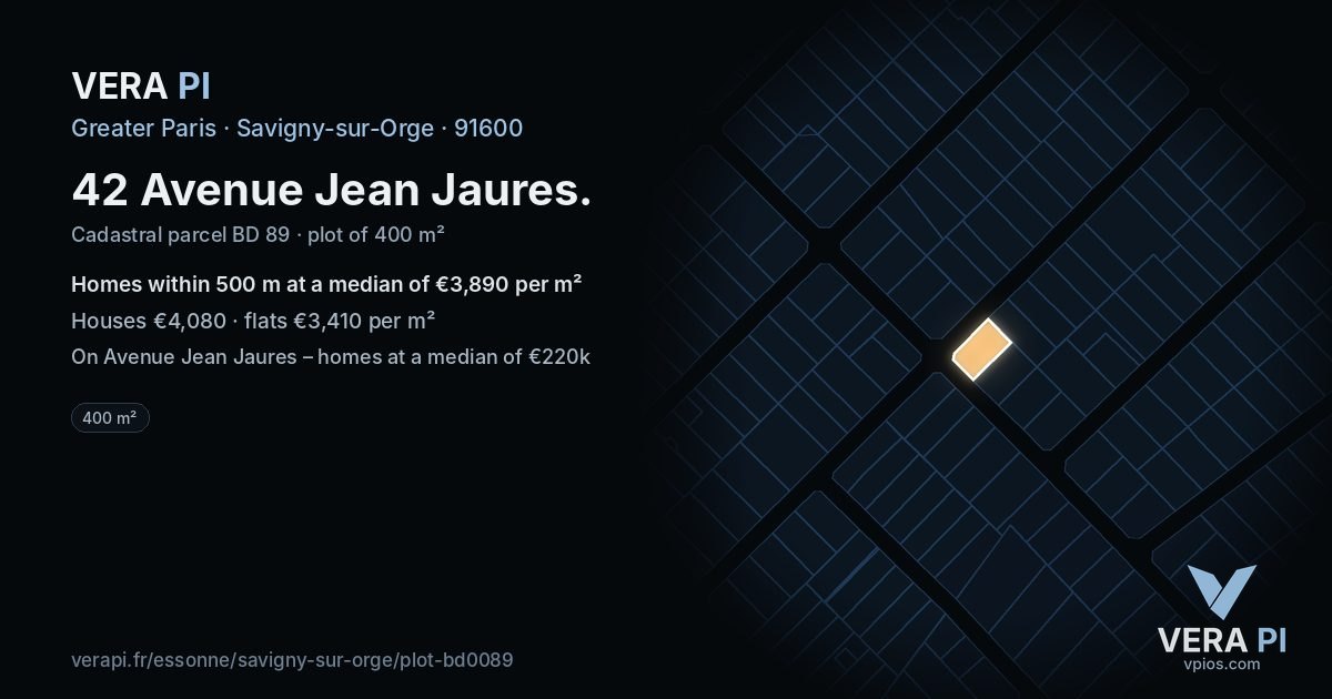 42 Avenue Jean Jaures, Savigny-sur-Orge at night – the plot lit, the parcels around coloured by the prices near them