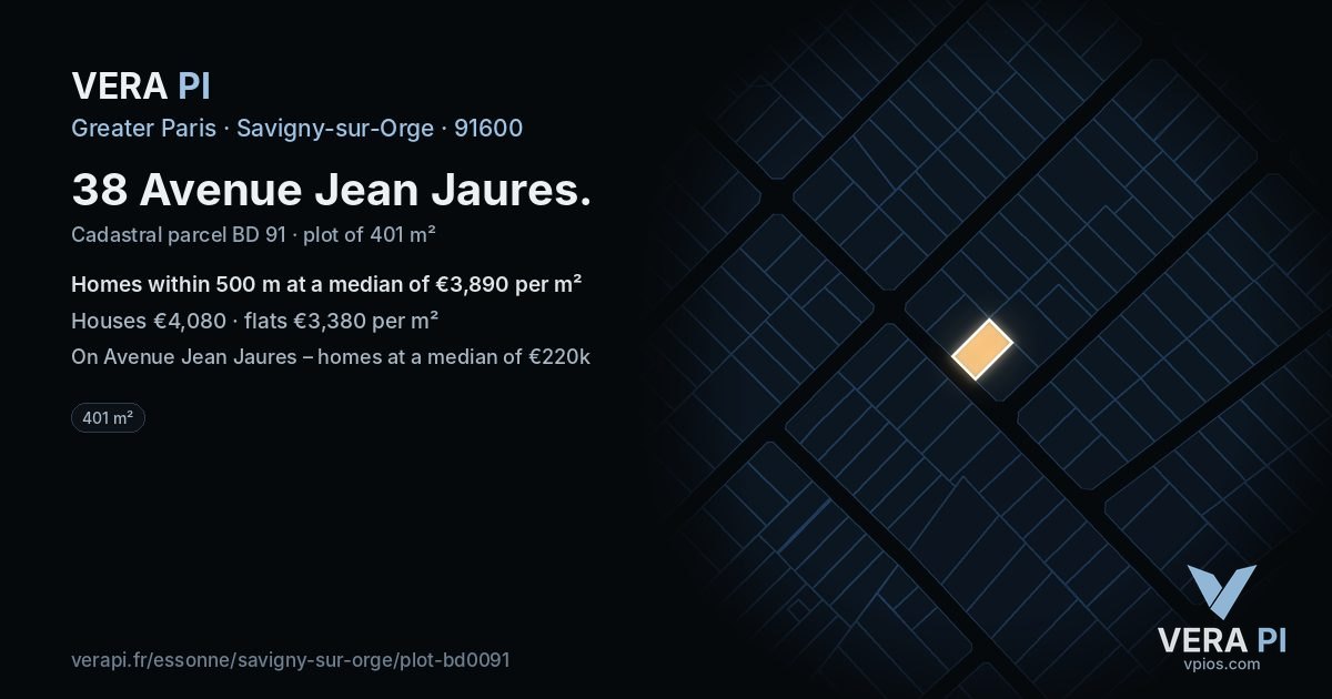 38 Avenue Jean Jaures, Savigny-sur-Orge at night – the plot lit, the parcels around coloured by the prices near them