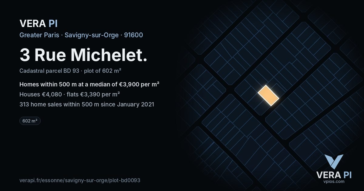 3 Rue Michelet, Savigny-sur-Orge at night – the plot lit, the parcels around coloured by the prices near them
