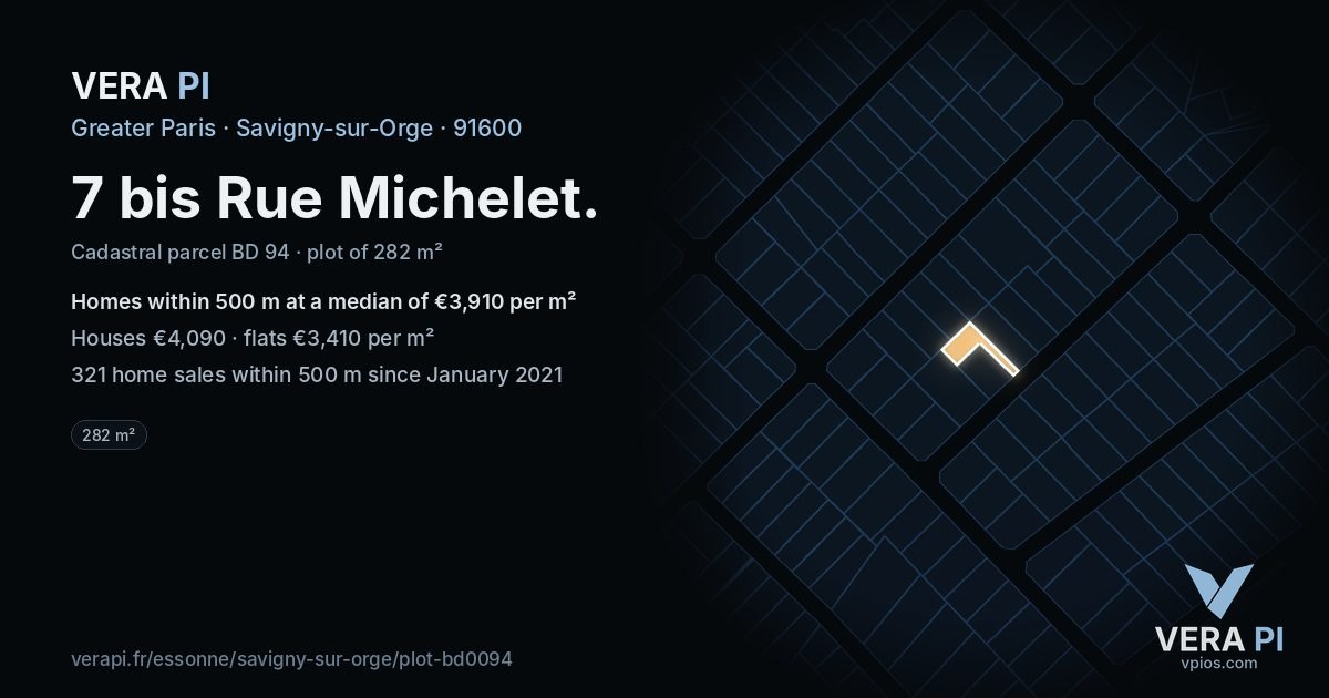 7 bis Rue Michelet, Savigny-sur-Orge at night – the plot lit, the parcels around coloured by the prices near them