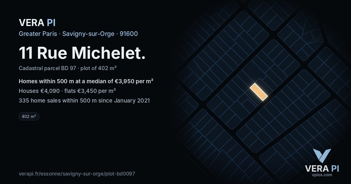 11 Rue Michelet, Savigny-sur-Orge at night – the plot lit, the parcels around coloured by the prices near them