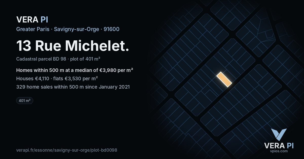 13 Rue Michelet, Savigny-sur-Orge at night – the plot lit, the parcels around coloured by the prices near them