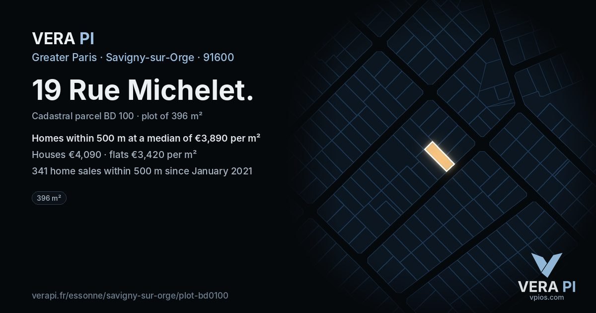19 Rue Michelet, Savigny-sur-Orge at night – the plot lit, the parcels around coloured by the prices near them