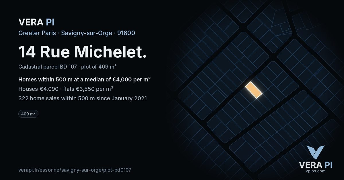 14 Rue Michelet, Savigny-sur-Orge at night – the plot lit, the parcels around coloured by the prices near them