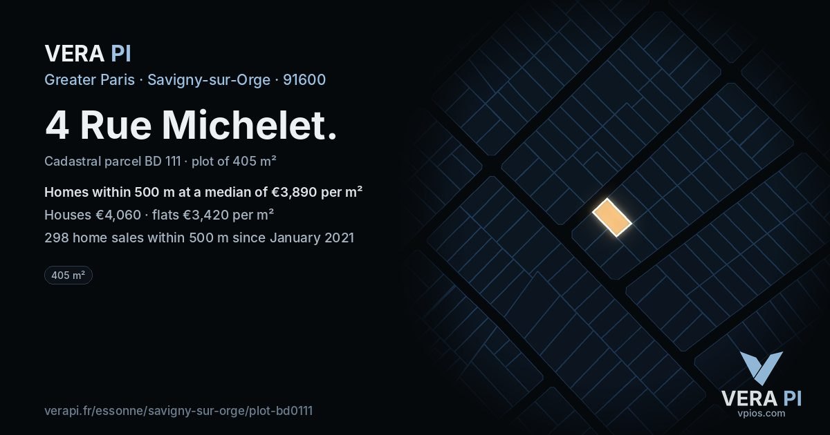 4 Rue Michelet, Savigny-sur-Orge at night – the plot lit, the parcels around coloured by the prices near them