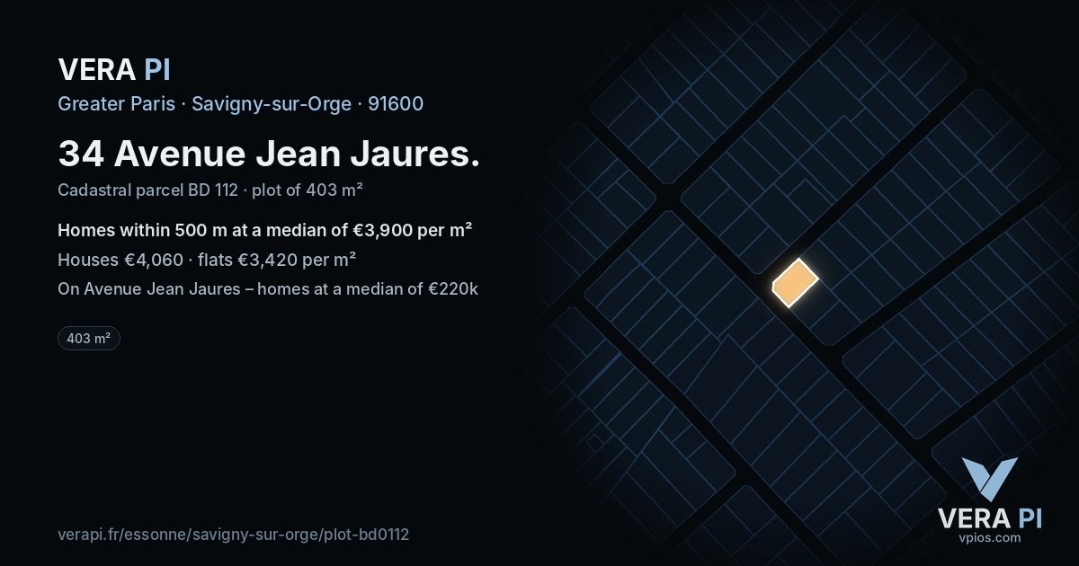 34 Avenue Jean Jaures, Savigny-sur-Orge at night – the plot lit, the parcels around coloured by the prices near them