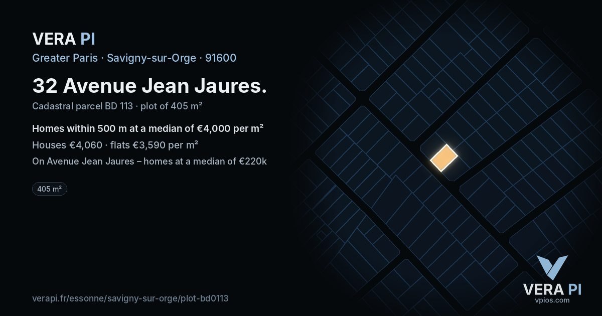 32 Avenue Jean Jaures, Savigny-sur-Orge at night – the plot lit, the parcels around coloured by the prices near them