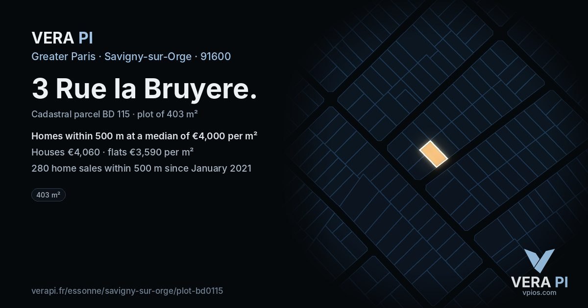 3 Rue la Bruyere, Savigny-sur-Orge at night – the plot lit, the parcels around coloured by the prices near them