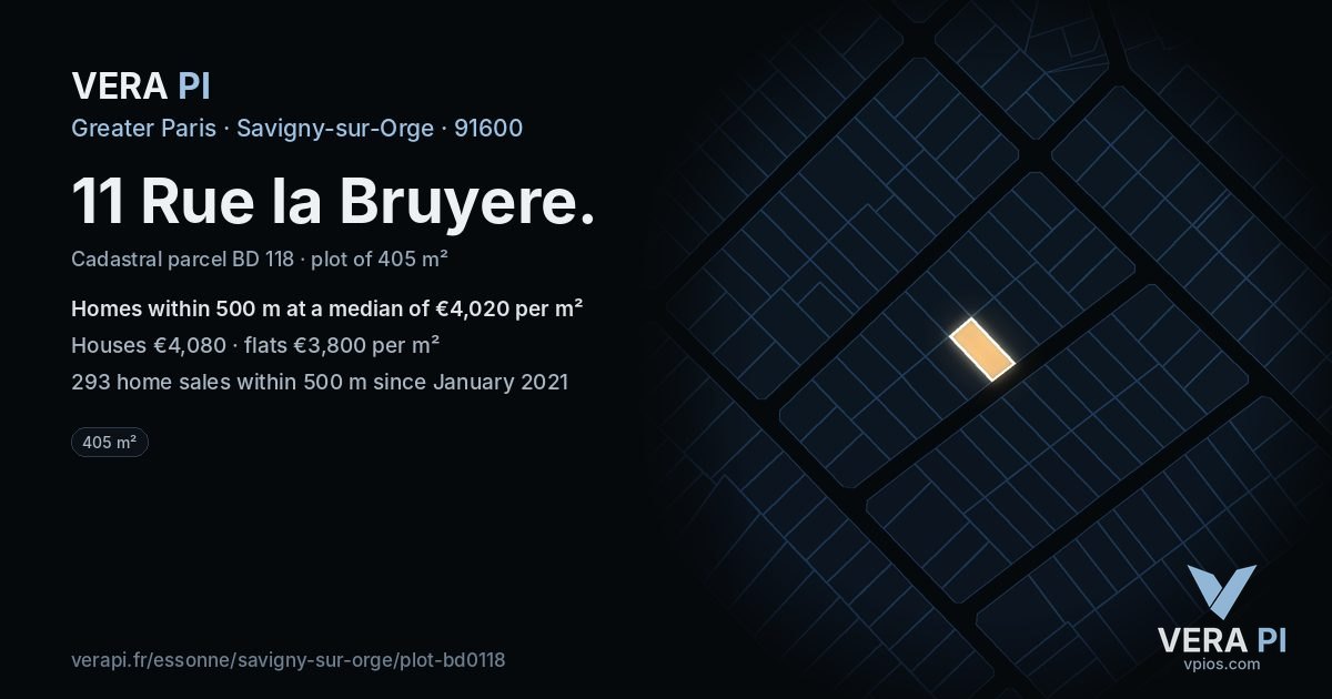 11 Rue la Bruyere, Savigny-sur-Orge at night – the plot lit, the parcels around coloured by the prices near them