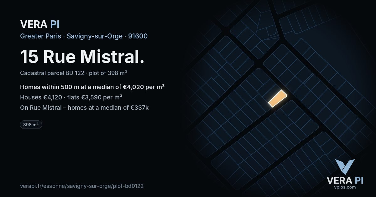 15 Rue Mistral, Savigny-sur-Orge at night – the plot lit, the parcels around coloured by the prices near them