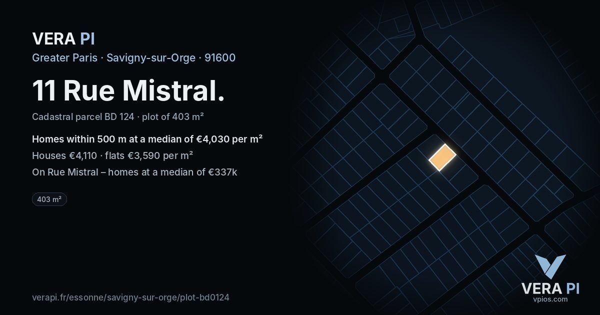 11 Rue Mistral, Savigny-sur-Orge at night – the plot lit, the parcels around coloured by the prices near them