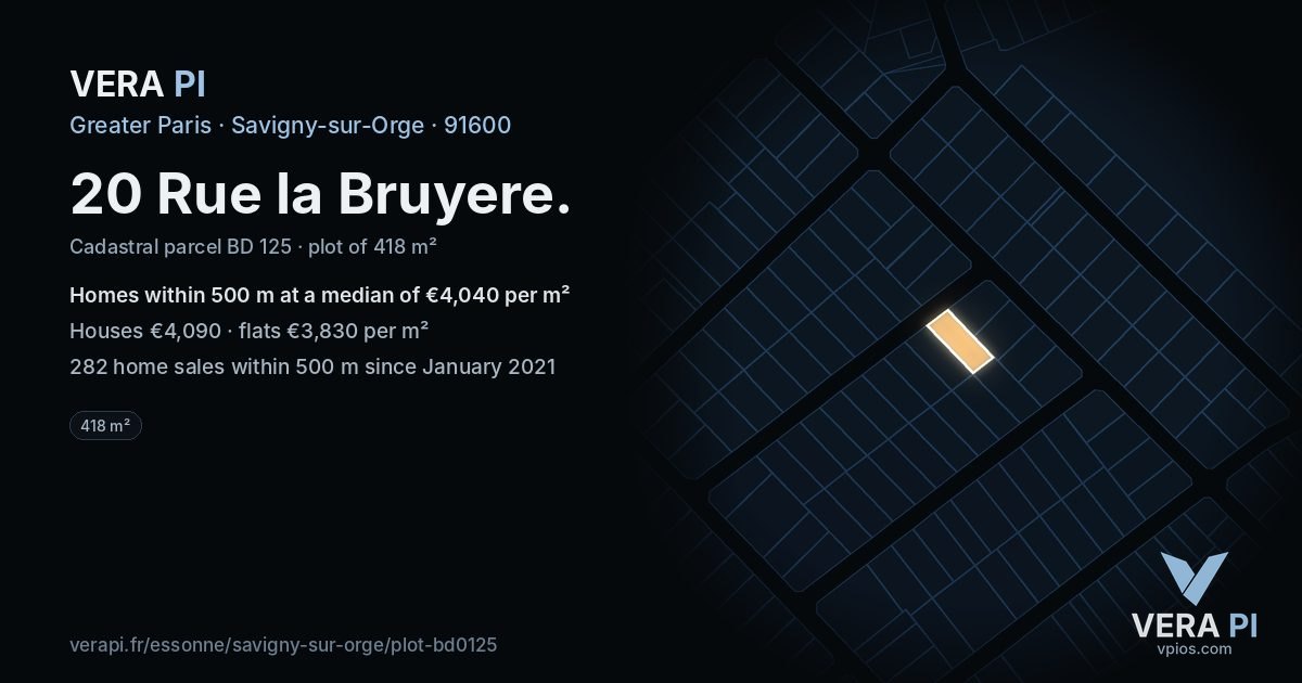 20 Rue la Bruyere, Savigny-sur-Orge at night – the plot lit, the parcels around coloured by the prices near them