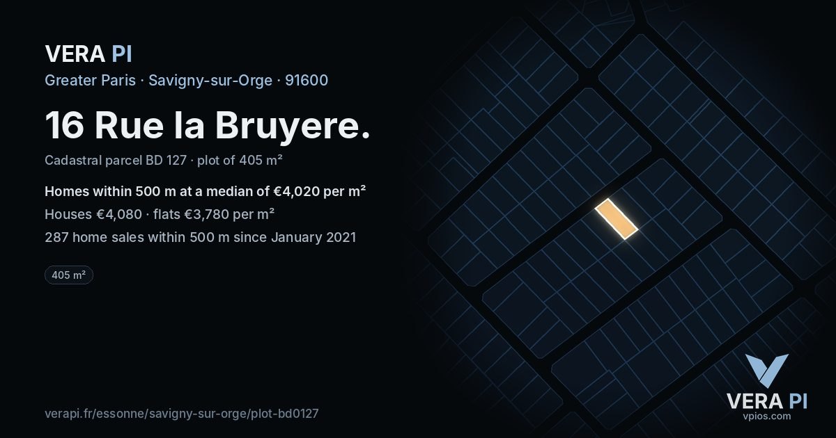 16 Rue la Bruyere, Savigny-sur-Orge at night – the plot lit, the parcels around coloured by the prices near them