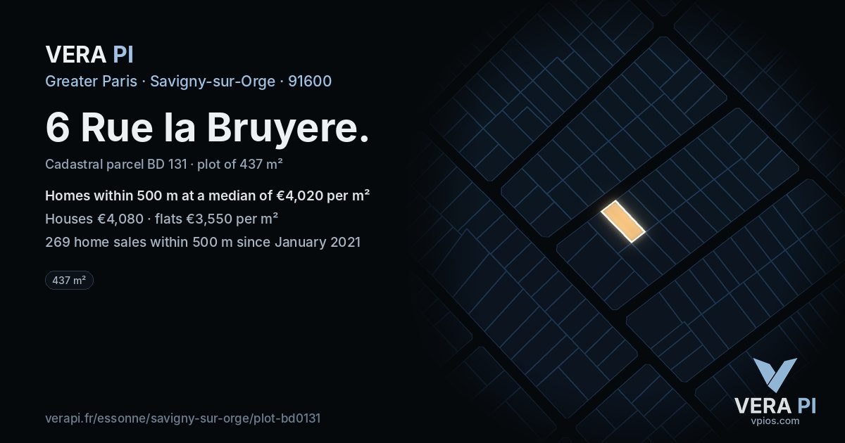 6 Rue la Bruyere, Savigny-sur-Orge at night – the plot lit, the parcels around coloured by the prices near them