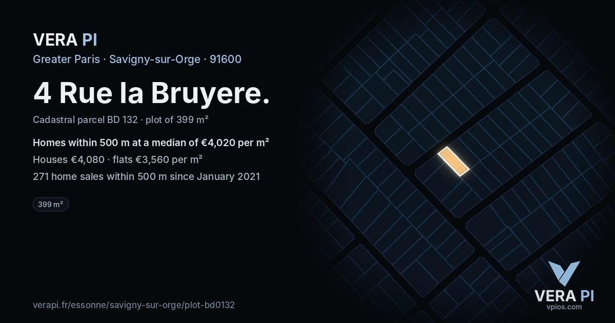 4 Rue la Bruyere, Savigny-sur-Orge at night – the plot lit, the parcels around coloured by the prices near them