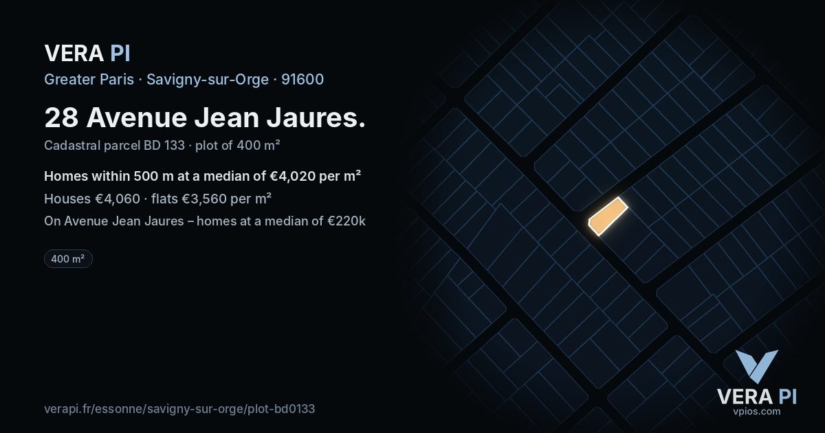 28 Avenue Jean Jaures, Savigny-sur-Orge at night – the plot lit, the parcels around coloured by the prices near them