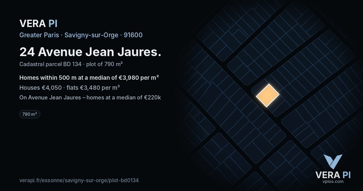 24 Avenue Jean Jaures, Savigny-sur-Orge at night – the plot lit, the parcels around coloured by the prices near them