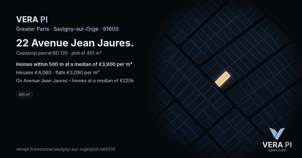 22 Avenue Jean Jaures, Savigny-sur-Orge at night – the plot lit, the parcels around coloured by the prices near them