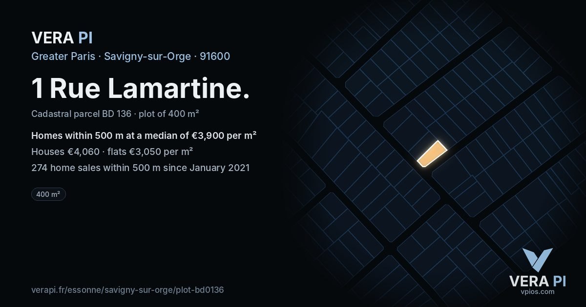 1 Rue Lamartine, Savigny-sur-Orge at night – the plot lit, the parcels around coloured by the prices near them