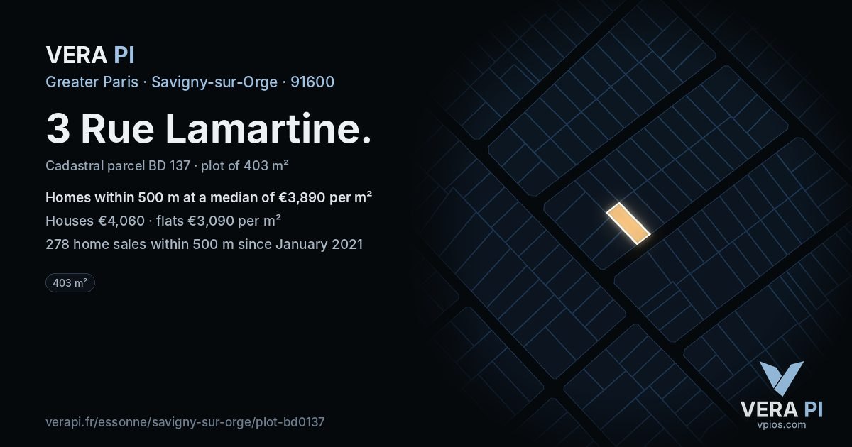 3 Rue Lamartine, Savigny-sur-Orge at night – the plot lit, the parcels around coloured by the prices near them