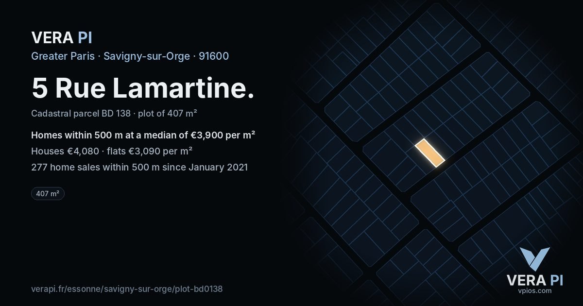 5 Rue Lamartine, Savigny-sur-Orge at night – the plot lit, the parcels around coloured by the prices near them