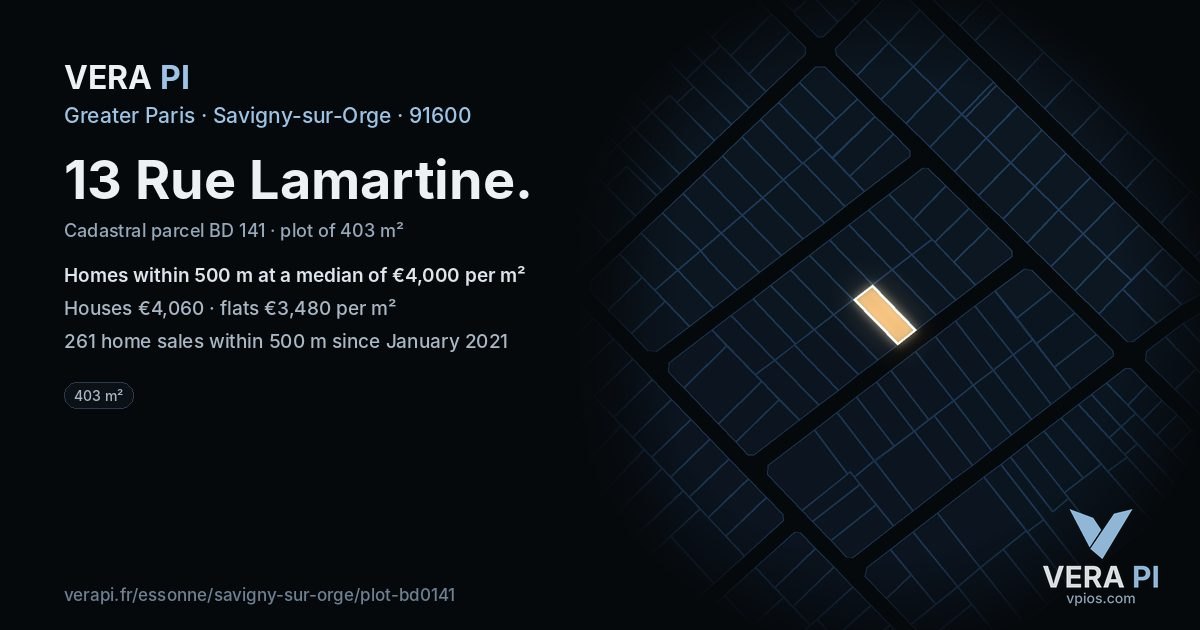 13 Rue Lamartine, Savigny-sur-Orge at night – the plot lit, the parcels around coloured by the prices near them