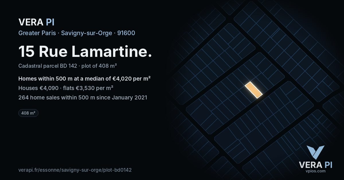 15 Rue Lamartine, Savigny-sur-Orge at night – the plot lit, the parcels around coloured by the prices near them