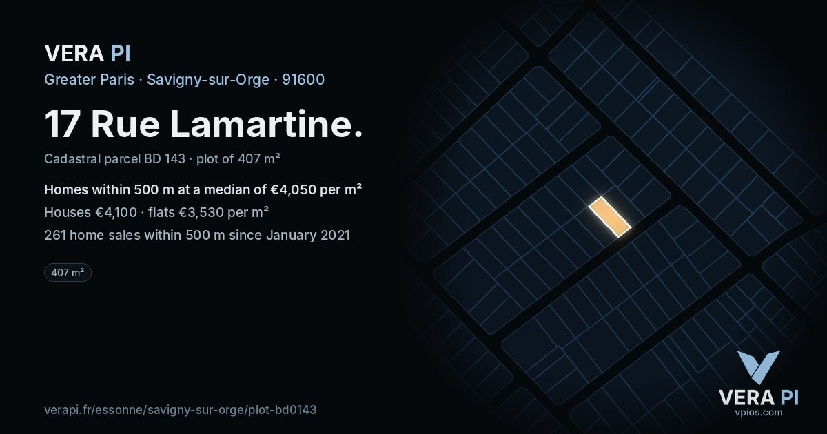 17 Rue Lamartine, Savigny-sur-Orge at night – the plot lit, the parcels around coloured by the prices near them