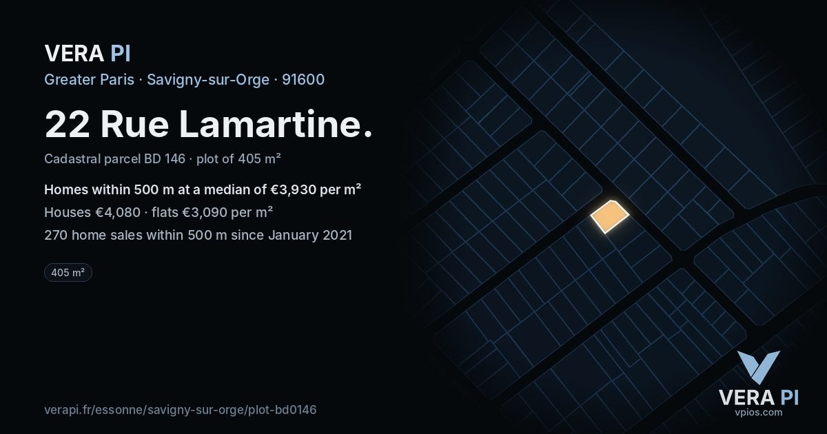 22 Rue Lamartine, Savigny-sur-Orge at night – the plot lit, the parcels around coloured by the prices near them