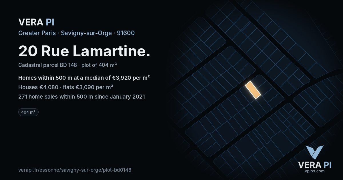 20 Rue Lamartine, Savigny-sur-Orge at night – the plot lit, the parcels around coloured by the prices near them