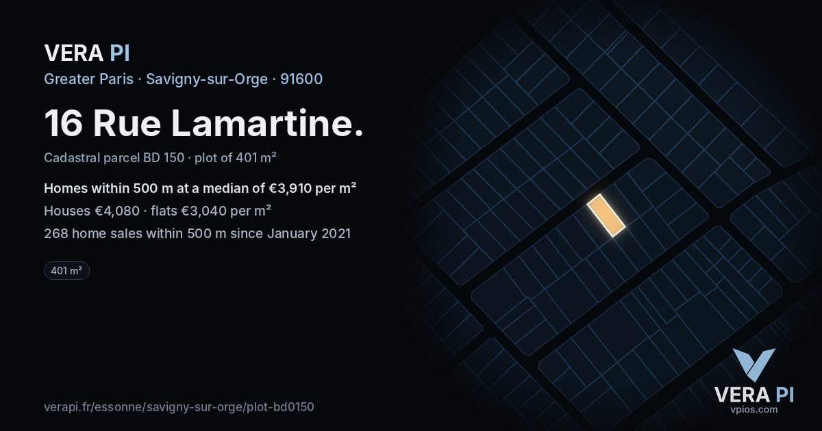 16 Rue Lamartine, Savigny-sur-Orge at night – the plot lit, the parcels around coloured by the prices near them