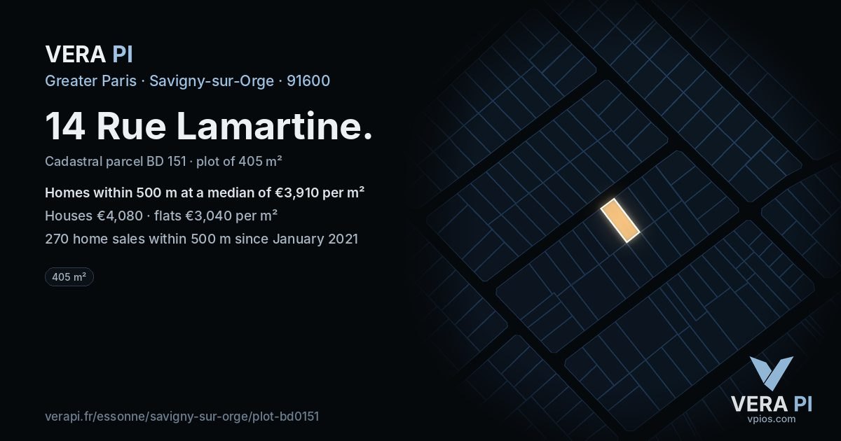 14 Rue Lamartine, Savigny-sur-Orge at night – the plot lit, the parcels around coloured by the prices near them