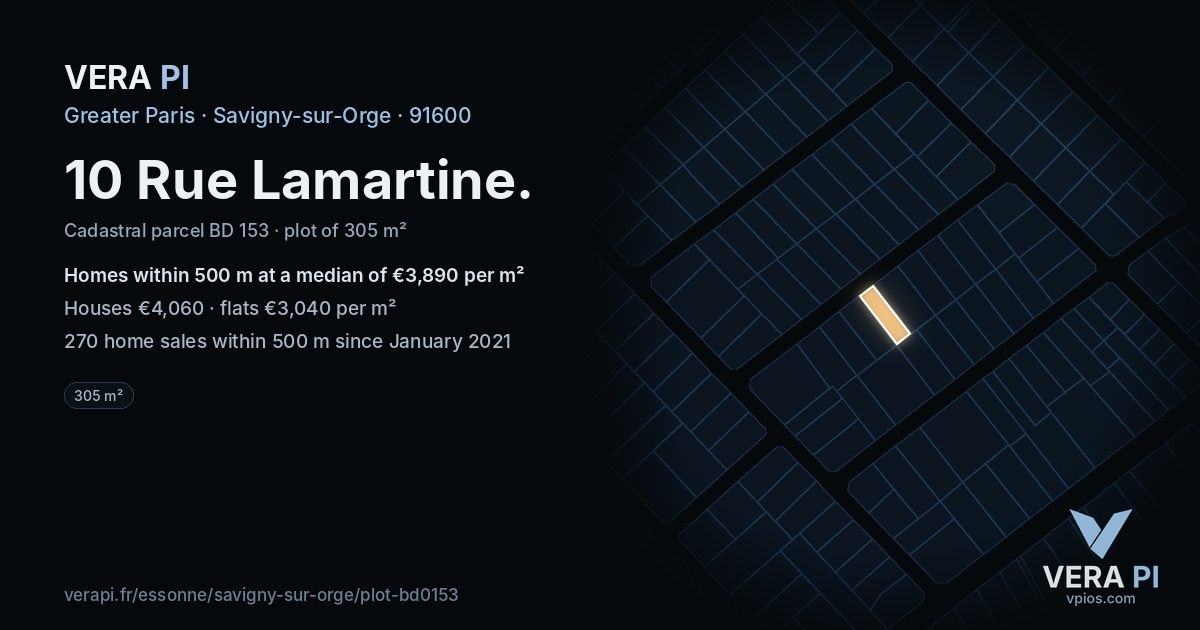 10 Rue Lamartine, Savigny-sur-Orge at night – the plot lit, the parcels around coloured by the prices near them