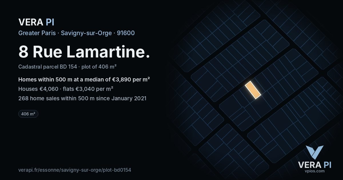 8 Rue Lamartine, Savigny-sur-Orge at night – the plot lit, the parcels around coloured by the prices near them