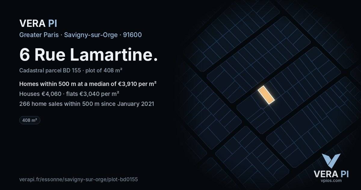 6 Rue Lamartine, Savigny-sur-Orge at night – the plot lit, the parcels around coloured by the prices near them