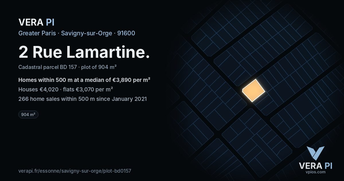 2 Rue Lamartine, Savigny-sur-Orge at night – the plot lit, the parcels around coloured by the prices near them