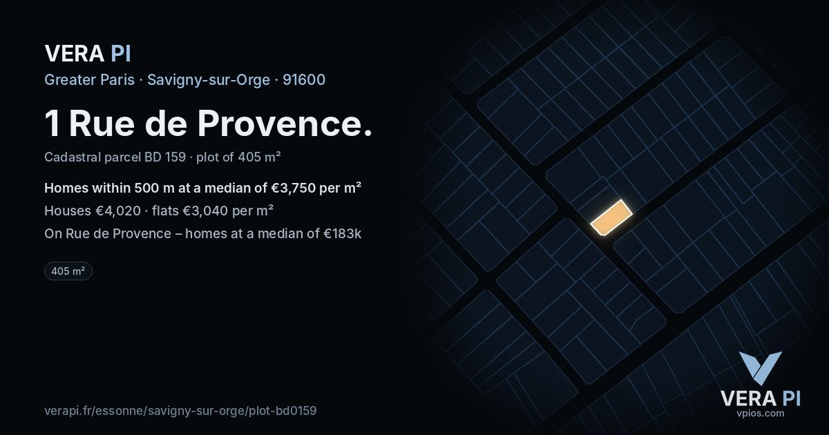 1 Rue de Provence, Savigny-sur-Orge at night – the plot lit, the parcels around coloured by the prices near them