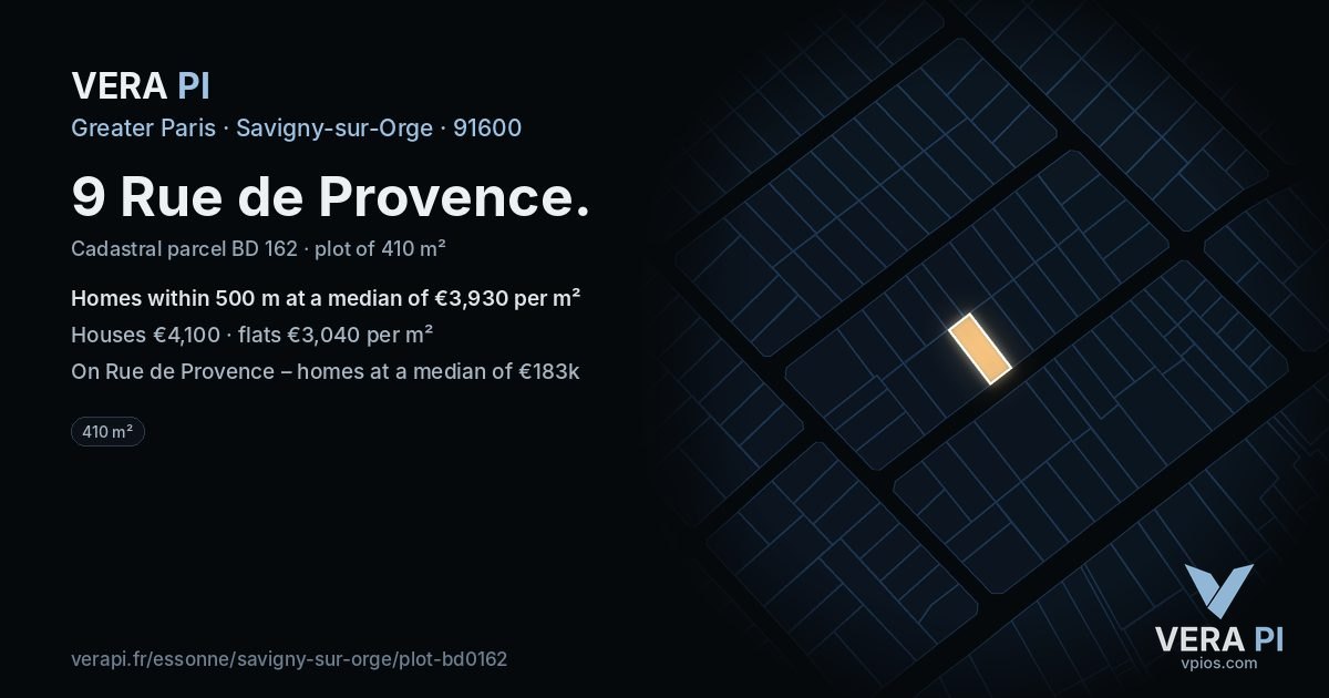 9 Rue de Provence, Savigny-sur-Orge at night – the plot lit, the parcels around coloured by the prices near them