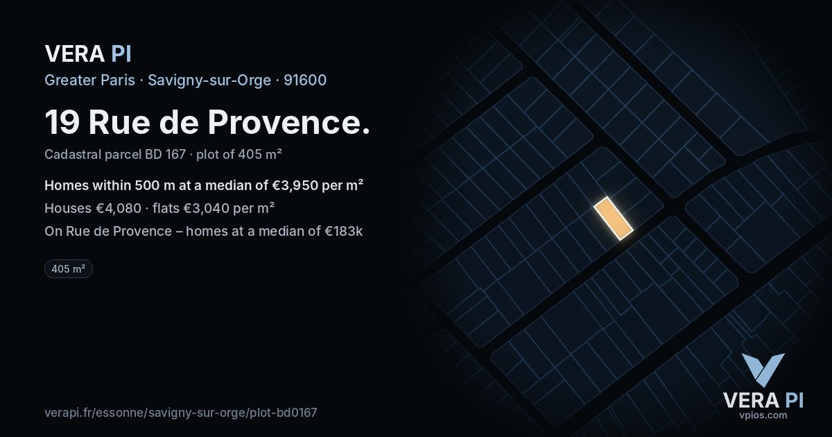 19 Rue de Provence, Savigny-sur-Orge at night – the plot lit, the parcels around coloured by the prices near them