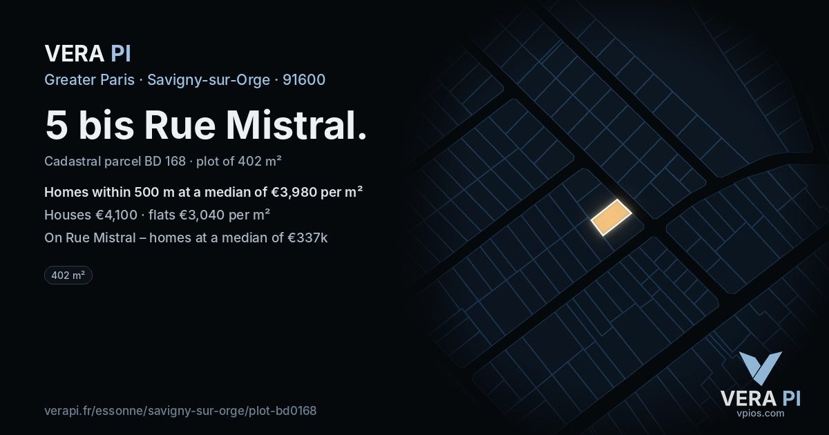 5 bis Rue Mistral, Savigny-sur-Orge at night – the plot lit, the parcels around coloured by the prices near them